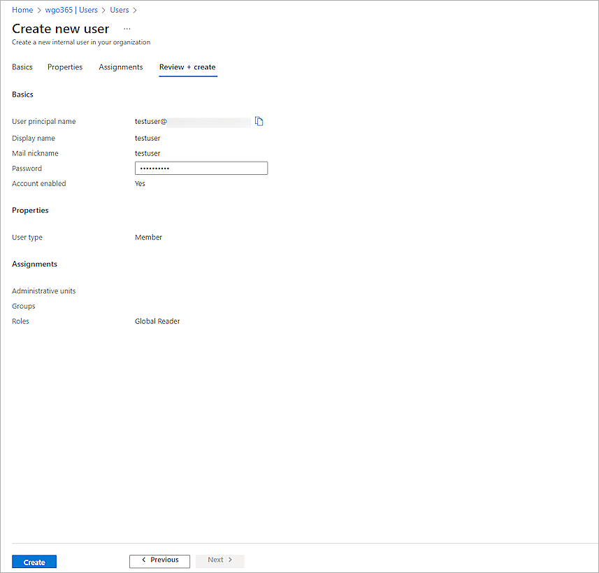 Screenshot of Microsoft Entra ID, create new user